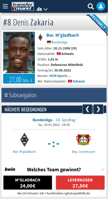 Sorare Scouting Transfermarkt.de Profilseite Denis Zakaria
