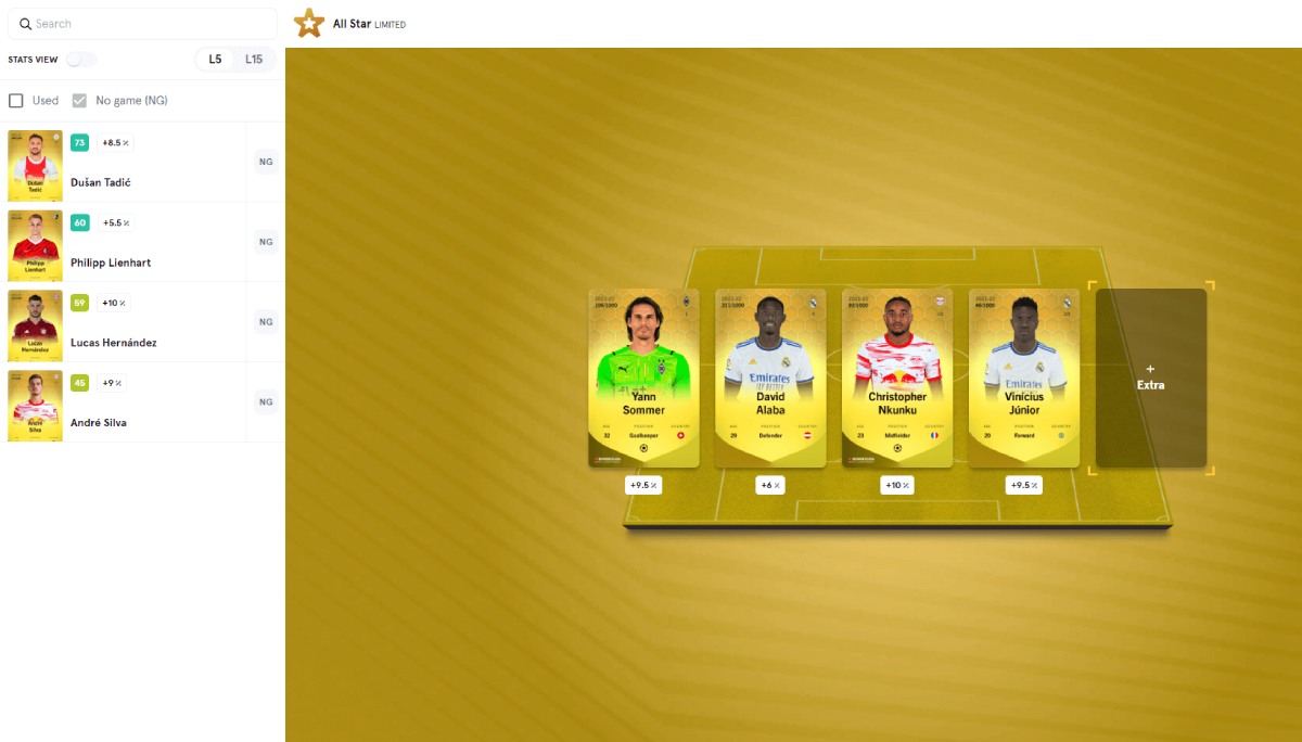 A Limited Sorare lineup with five players