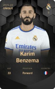Unique Sorare Karte des französischen Stürmers Karim Benzema