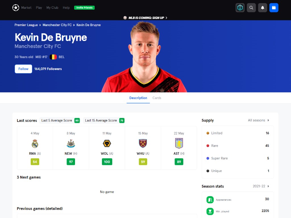Sorare Kevin De Bruyne Player Page
