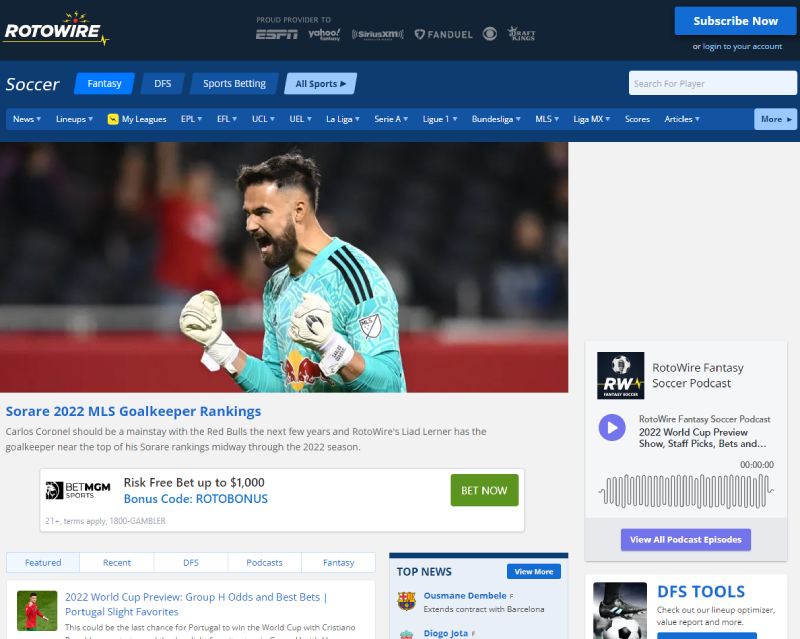 Screenshot of Rotowire Sorare tool