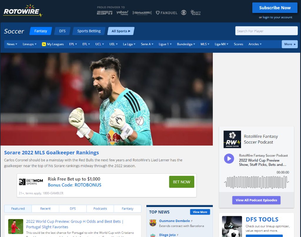 screenshot of rotowire sorare tool